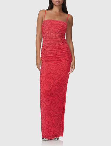 LADY IN RED RHINESTONE DRESS